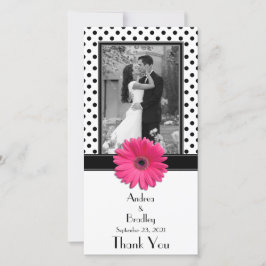 Rosa Daisy Black White Polka Dot Bröllop Photocard Tack Kort
