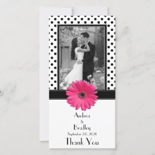 Rosa Daisy Black White Polka Dot Bröllop Photocard Tack Kort