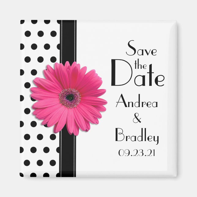 Rosa Daisy Black White Polka Dot Save Date Magnet (Framsidan)