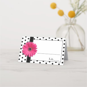 Rosa Daisy Black White Polka dots Bröllop Placeringskort