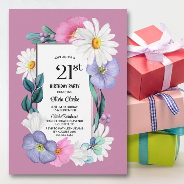 Rosa Daisy Blommigt 21:a födelsedag Party Inbjudningar (Skapare uppladdad)