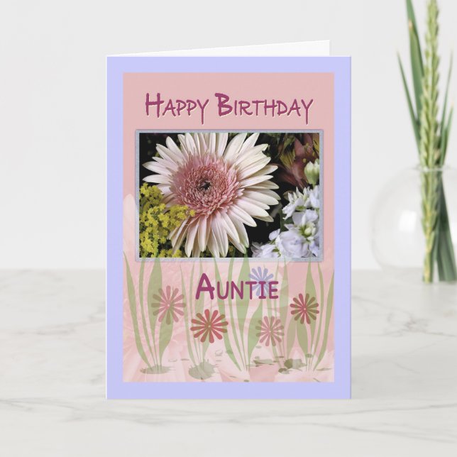 Rosa Daisy Blommigt Bouquet, Auntie, Birthday Kort (Framsida)