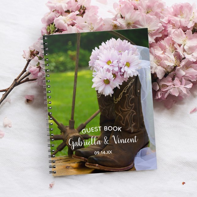 Rosa Daisy Boots Westerna Bröllop Guest Bok Anteckningsbok (Skapare uppladdad)