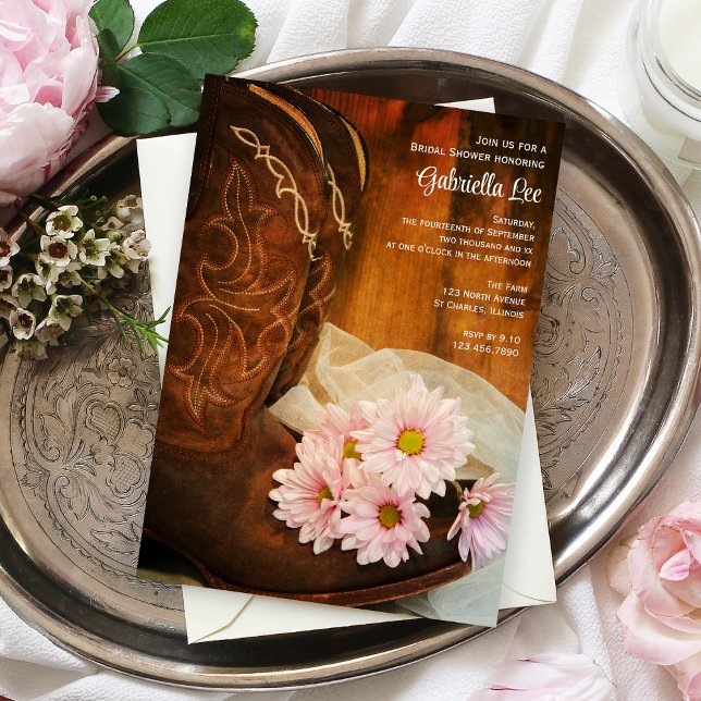 Rosa Daisy Cowboy Boots Westerna Möhippa Inbjudningar (Skapare uppladdad)