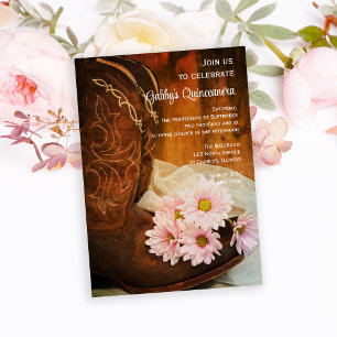 Rosa Daisy CowboyBoots Quinceanera Barn Party Inbjudningar