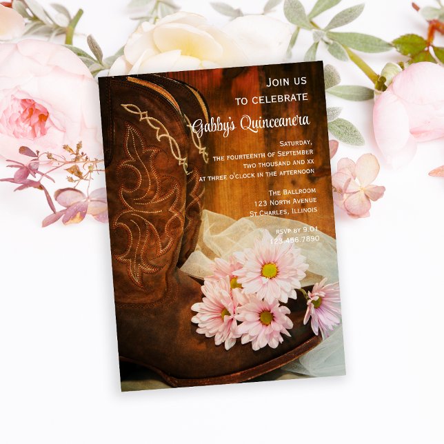 Rosa Daisy CowboyBoots Quinceanera Barn Party Inbjudningar (Skapare uppladdad)