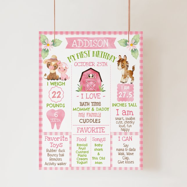 Rosa Daisy Farm 1:a födelsedagsmilstolpen Poster (Girls Editable Pink Farm 1st Birthday Milestone Poster, Farmyard Milestone Board, Barnyard Gingham)