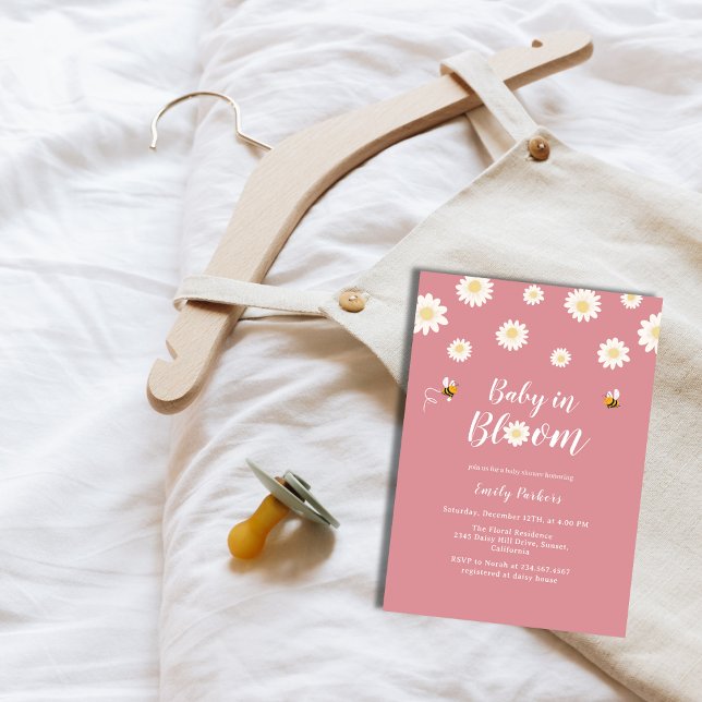 Rosa Daisy Flowers Baby in Bloom Girl Shower Inbjudningar (Pink Daisy Flowers Baby In Bloom Girl Shower Invitation)