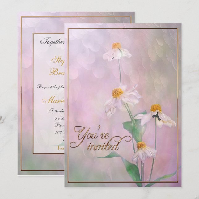 Rosa Daisy Flowers/Guld Trim Inbjudningar (Fram/baksida)