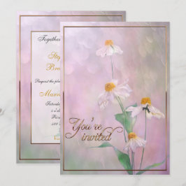 Rosa Daisy Flowers/Guld Trim Inbjudningar