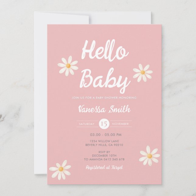 Rosa Daisy Hello Baby Flick Baby Shower  Inbjudningar (Framsida)