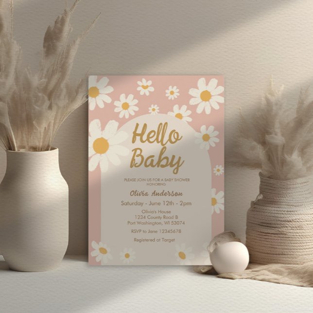 Rosa Daisy Hello Baby Retro Baby Shower Inbjudningar (Skapare uppladdad)