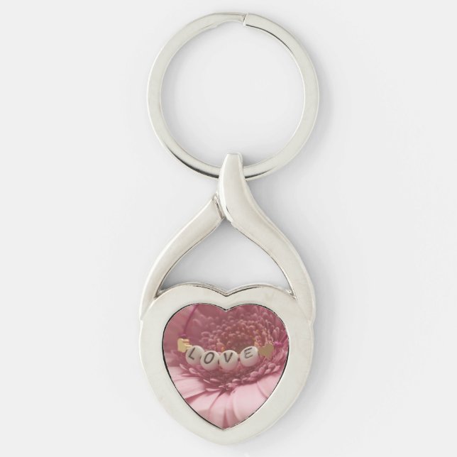 Rosa Daisy Kärlek Twisted Heart Silverfärgad Nyckelring (Framsidan)