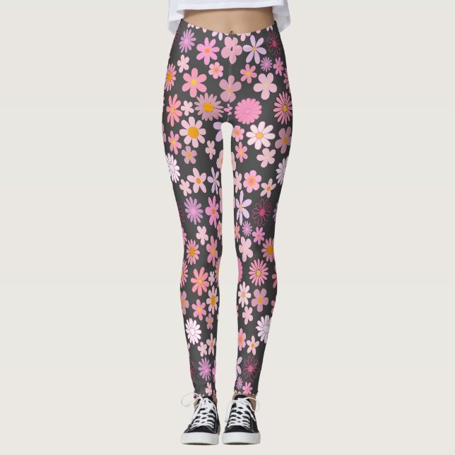 Rosa Daisy Mönster 01.bw GD BG Leggings (Framsida)