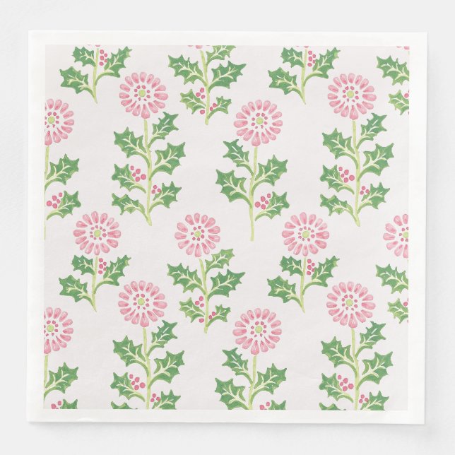 Rosa Daisy och Holly Jul Dignapkiner Vit Pappersservett (Framsida)