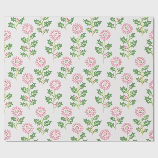 Rosa Daisy och Holly julpapper Vit (Platt)