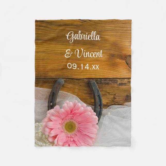 Rosa Daisy och Horseshoe Landsbyggsbröllop Keepsak Fleecefilt (Framsidan)