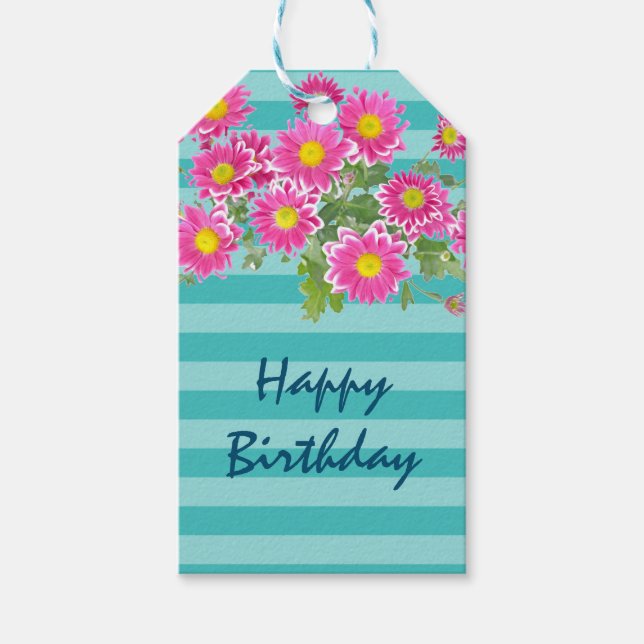 Rosa Daisy om Turquise Rand Grattis på födelsedage Presentetikett (Framsidan)
