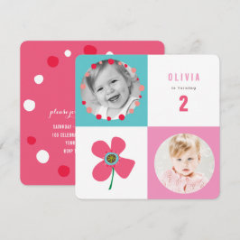 Rosa Daisy Pop Squares Girl Birthday Photo Inbjuda Inbjudningar