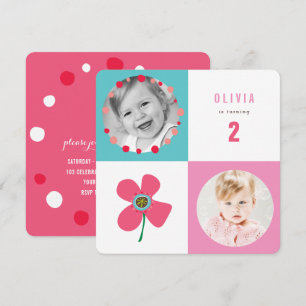 Rosa Daisy Pop Squares Girl Birthday Photo Inbjuda Inbjudningar