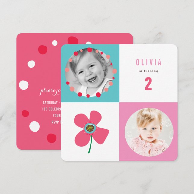 Rosa Daisy Pop Squares Girl Birthday Photo Inbjuda Inbjudningar (Fram/baksida)