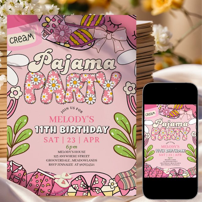 Rosa Daisy Pyjamasparty Födelsedagsfest  Inbjudningar (Skapare uppladdad)