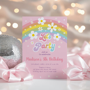 Rosa Daisy Rainbow Groovy Birthday Inbjudningar