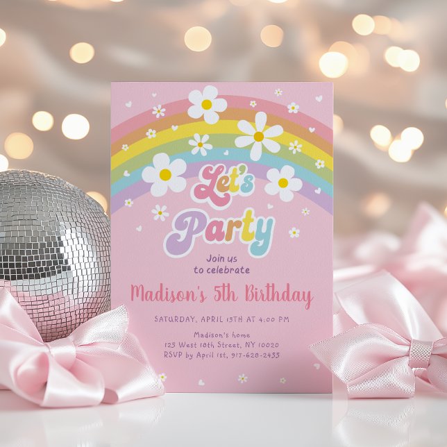 Rosa Daisy Rainbow Groovy Birthday Inbjudningar (Skapare uppladdad)