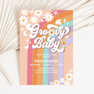 Rosa Daisy Regnbåge Hippie 70-Tals Retro Babyfiran Inbjudningar