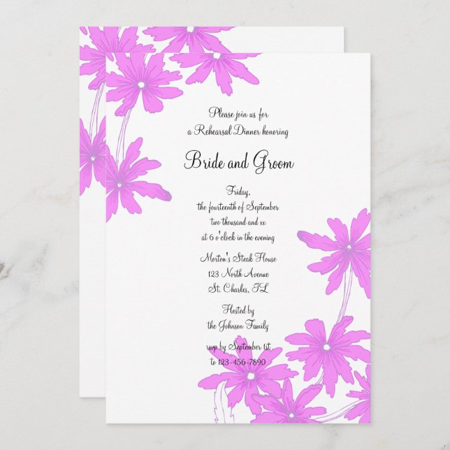 Rosa Daisy Rehearsal Middag Inbjudningar (Fram/baksida)