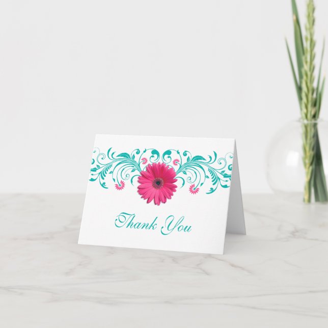 Rosa Daisy Turkos Blommig Bröllop Tack Kort (Framsida)