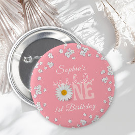 Rosa Daisy Wild One 1-års födelsedag Knapp