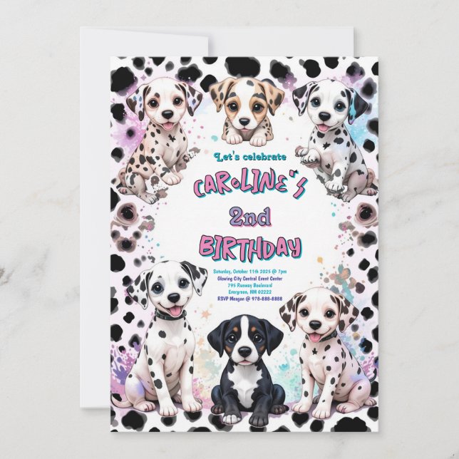 Rosa Dalmatien Puppies Lila Birthday Inbjudningar (Framsida)