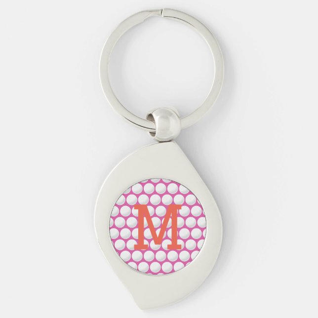 Rosa Dam Golf Boll Monogram INITIAL Orange Swirl Silverfärgad Nyckelring (Framsidan)