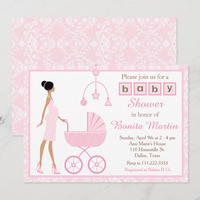 Rosa Damask African American Woman Baby Shower Inbjudningar (Fram/baksida)