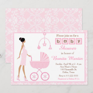 Rosa Damask African American Woman Baby Shower Inbjudningar