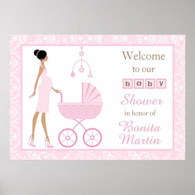 Rosa Damask African American Woman Baby Shower Poster (Framsidan)