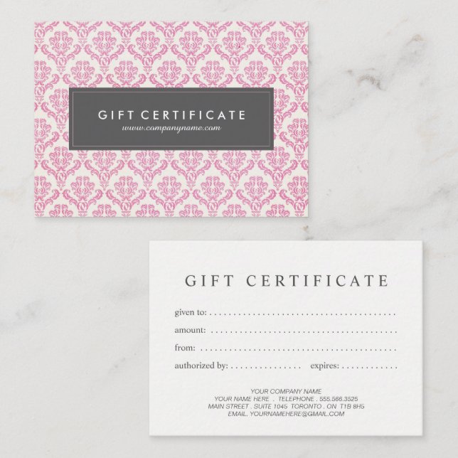 Rosa Damask Anpassade Gift-certifikat Rabattkort (Fram/baksida)