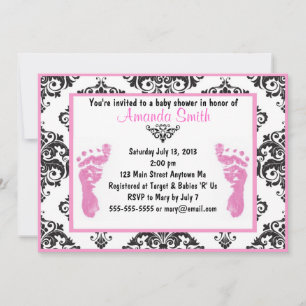 Rosa Damask Baby Feet Girl Baby Shower-inbjudninga Inbjudningar