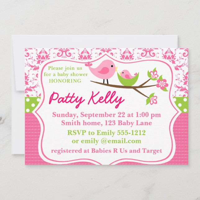 Rosa Damask Baby Shower-inbjudan med födslar Inbjudningar (Framsida)