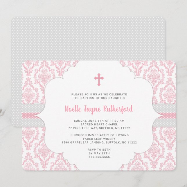 Rosa Damask Baptism eller första inbjudan till kom (Fram/baksida)