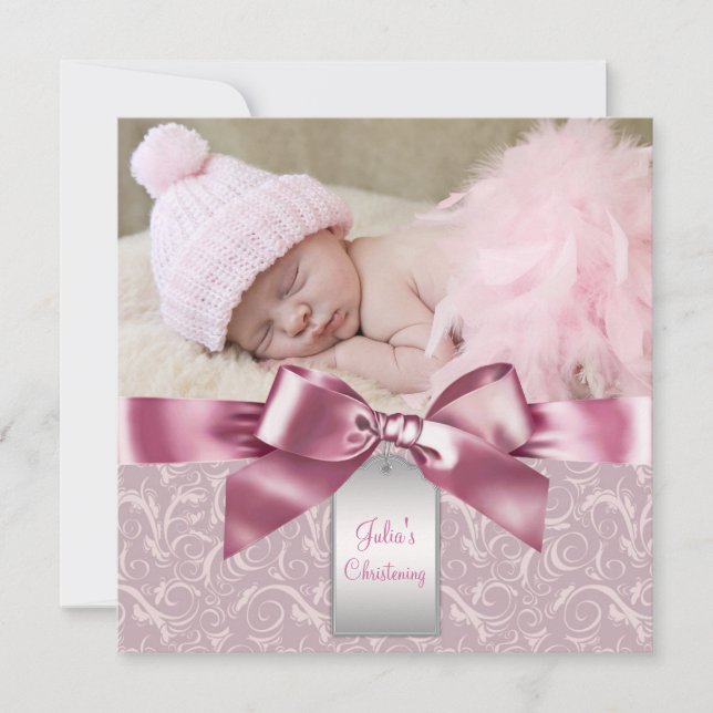 Rosa Damask Bebis Flicka Foto Dop Inbjudningar (Framsida)