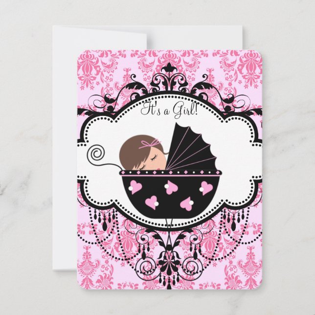 Rosa Damask Bebis Flicka Shower Inbjudningar (Framsida)