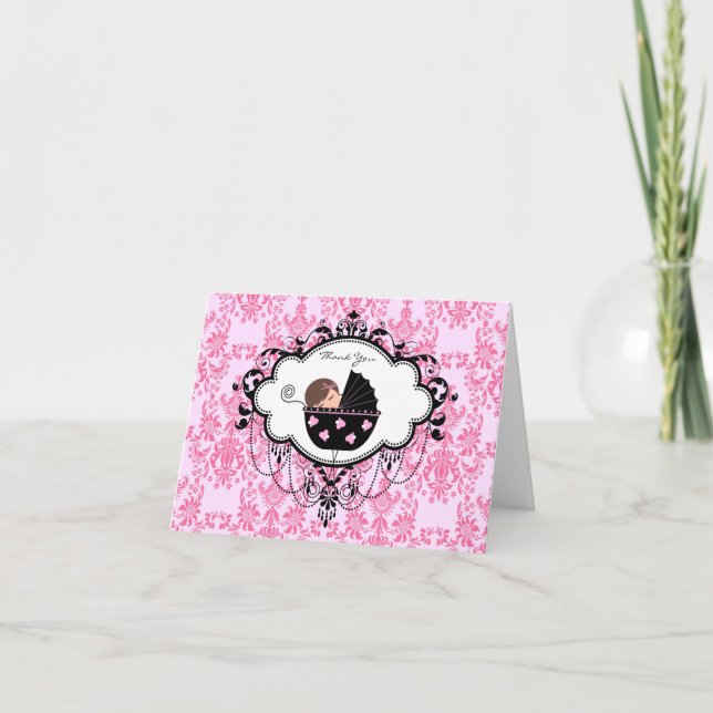 Rosa Damask Bebis Shower Tackkort (Framsida)