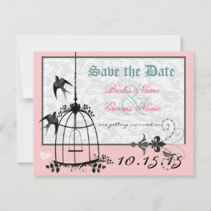 Rosa Damask Bird Cage Bröllop spara datum Inbjudningar