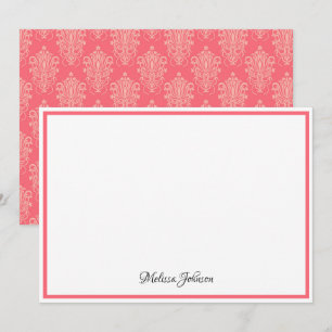 Rosa Damask Blommigt Elegant Girly Monogram Anteckningskort