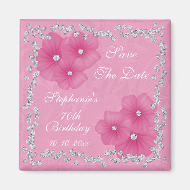 Rosa Damask & Blommor 70-årsfirande Magnet (Framsidan)