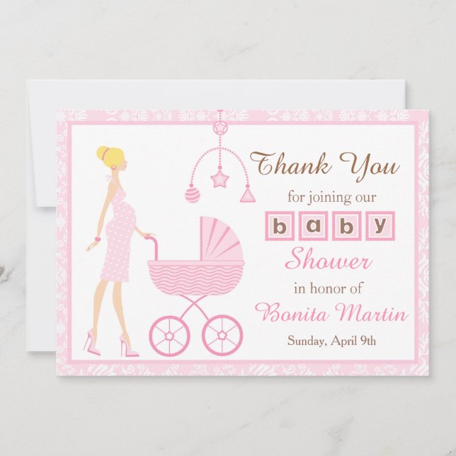 Rosa Damask Blonde Woman Baby Shower Tack Kort (Framsida)