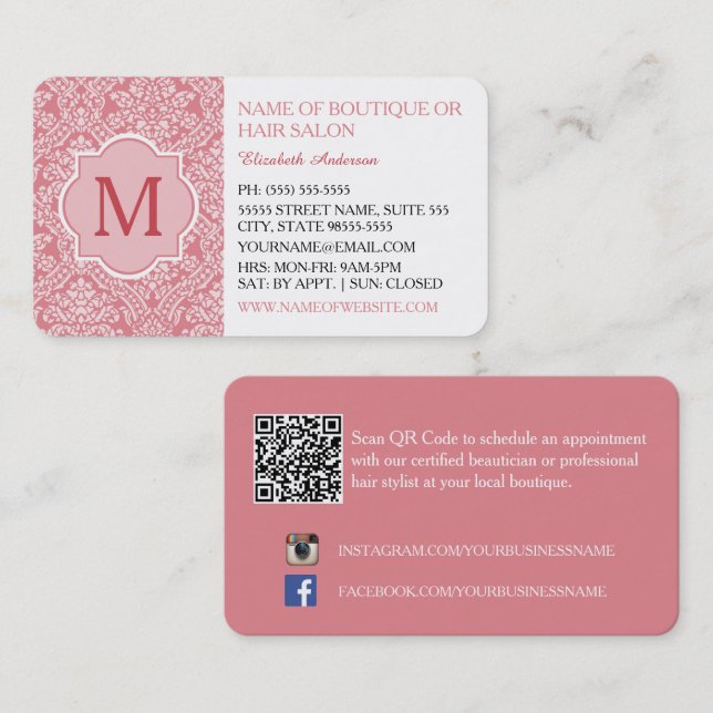 Rosa Damask Boutique Frisörsalong Visitkort (Fram/baksida)
