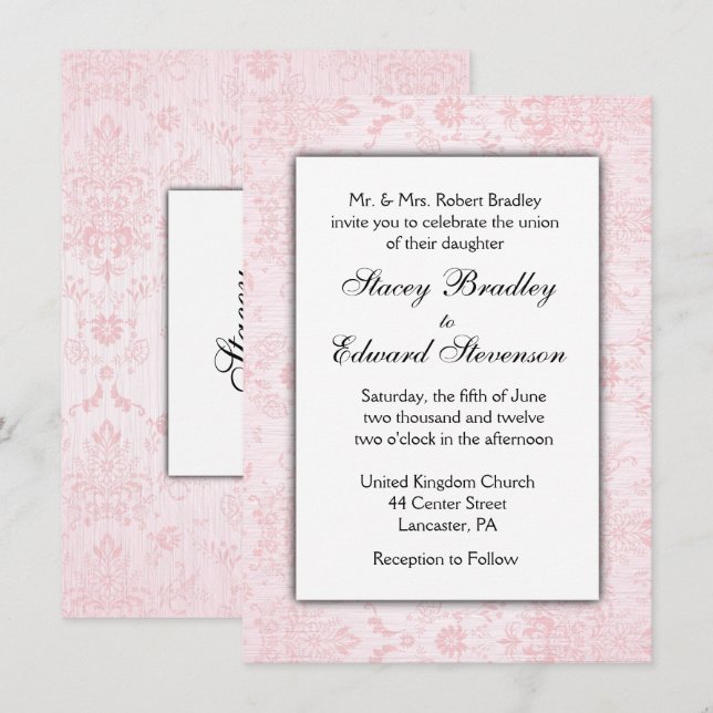 Rosa Damask-bröllopsinbjudan Inbjudningar (Fram/baksida)
